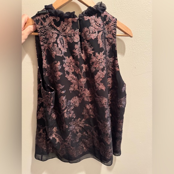 Elie Tahari Black and Brown Sequin ruffle neck Top - Picture 2 of 4